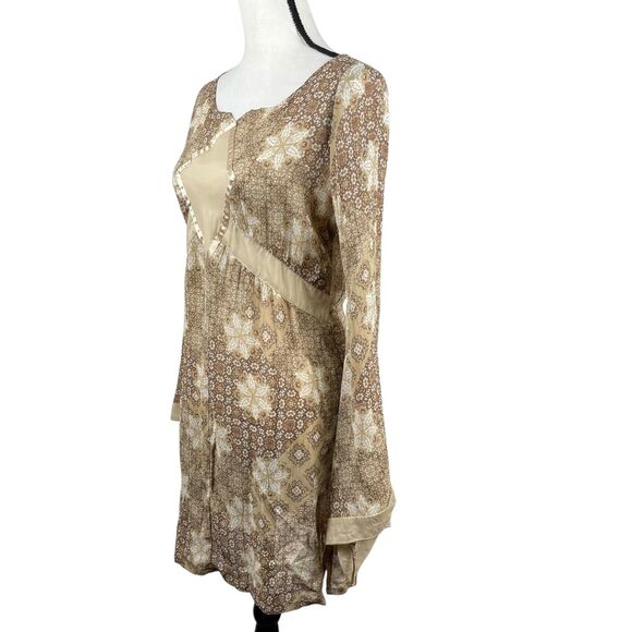Kookai Mini Dress Size 2 Beige Brown Geometric Floral Long Sleeve Boho Hippie - Picture 5 of 12